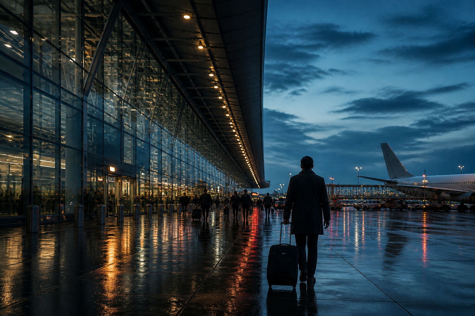 Business traveller walking toward an airport terminal at blue hour