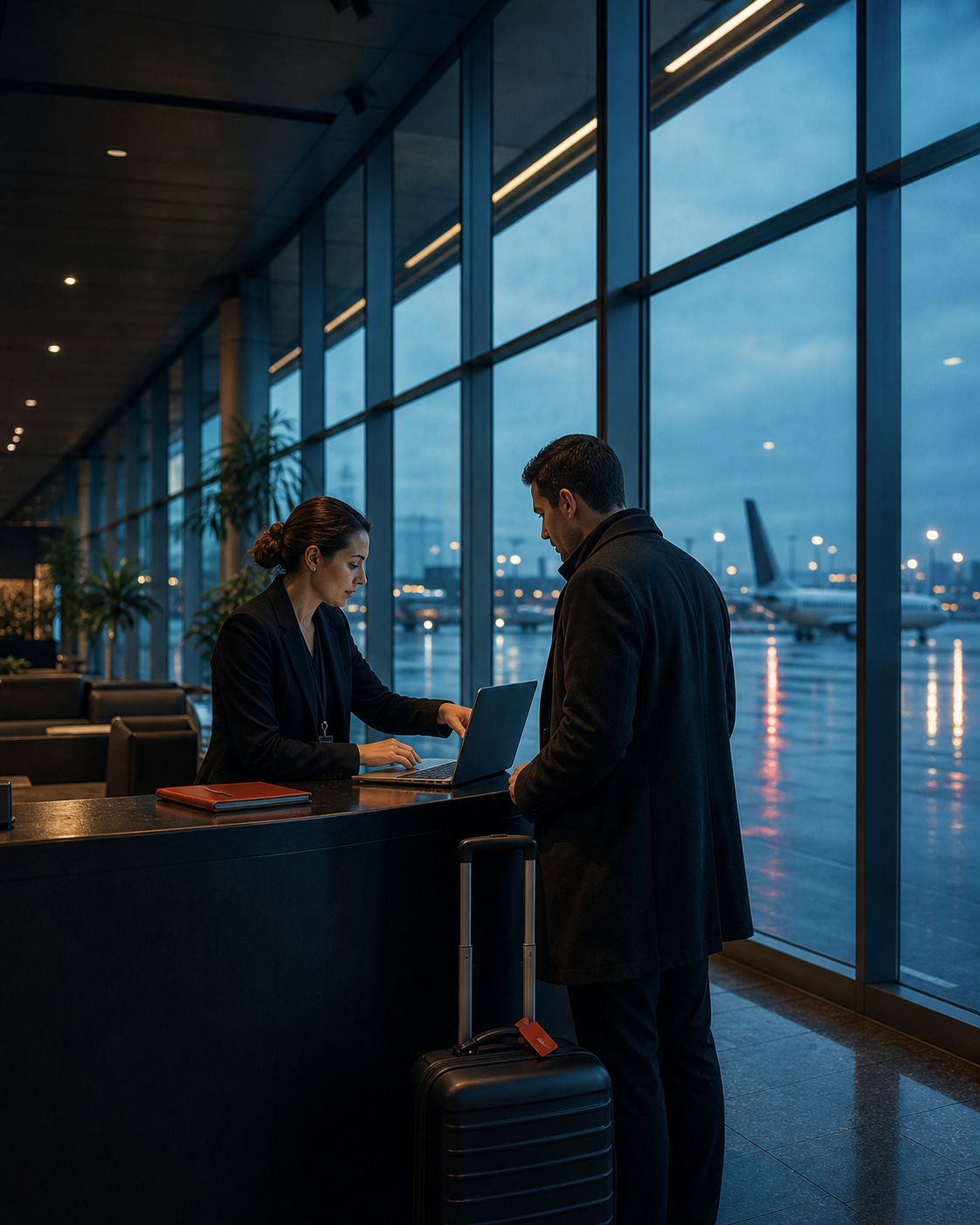 A corporate travel specialist supporting a traveller at the airport