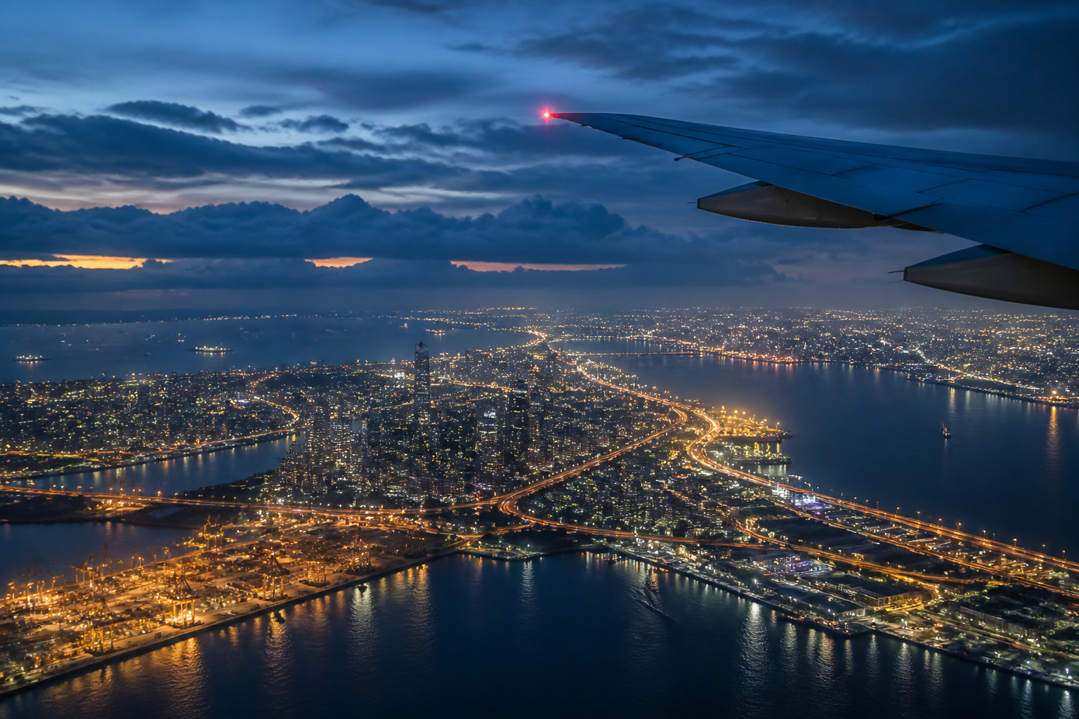 Airplane wing above illuminated Singapore harbor